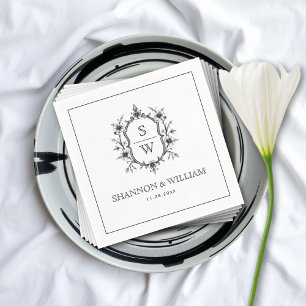 Vintage black white floral crest monogram wedding napkin