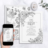 Vintage Black White Floral Line Art 60th Birthday