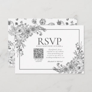 Vintage Black & White Floral Line Art QR Code RSVP