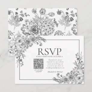 Vintage Black & White Floral Line Art QR Code RSVP Card