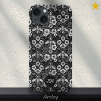 Vintage Black White Floral Pattern Bees Initials