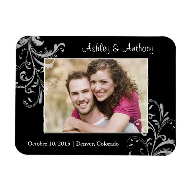 Vintage Black White Floral Photo Wedding Magnet (Horizontal)