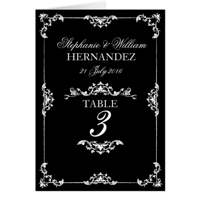 Vintage Black & White Floral Wedding Table Number (Front)