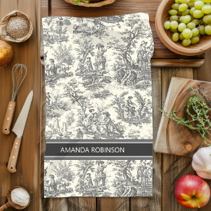 Vintage Black White French Country Toile de Jouy Tea Towel
