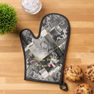 Vintage Black & White Gold Monogram Photo Collage Oven Mitt
