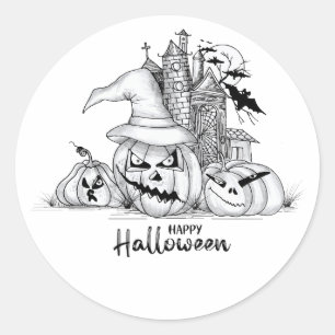 Vintage Black & White Haunted Castle Spooky Pumpki Classic Round Sticker