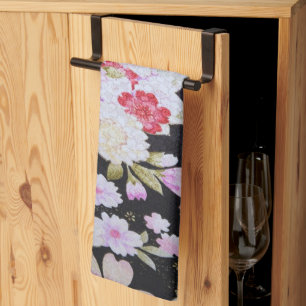 Vintage Black White Japanese Kimono Floral Flower Tea Towel
