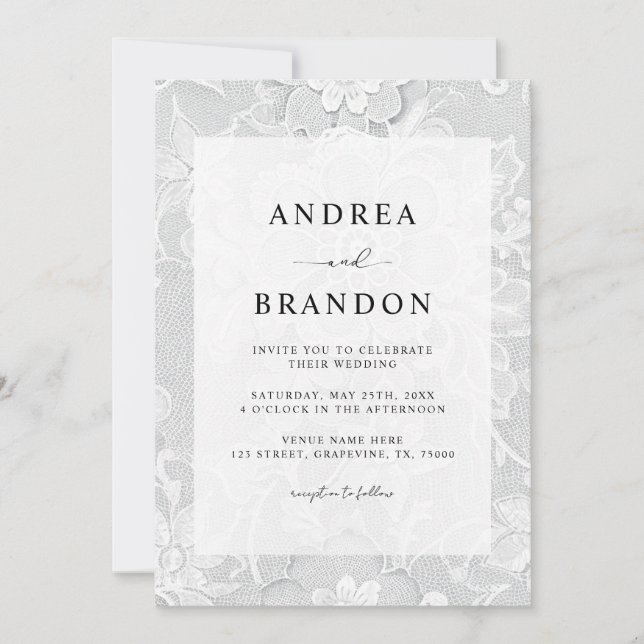 Vintage Black & White Lace Floral Wedding Invitation (Front)