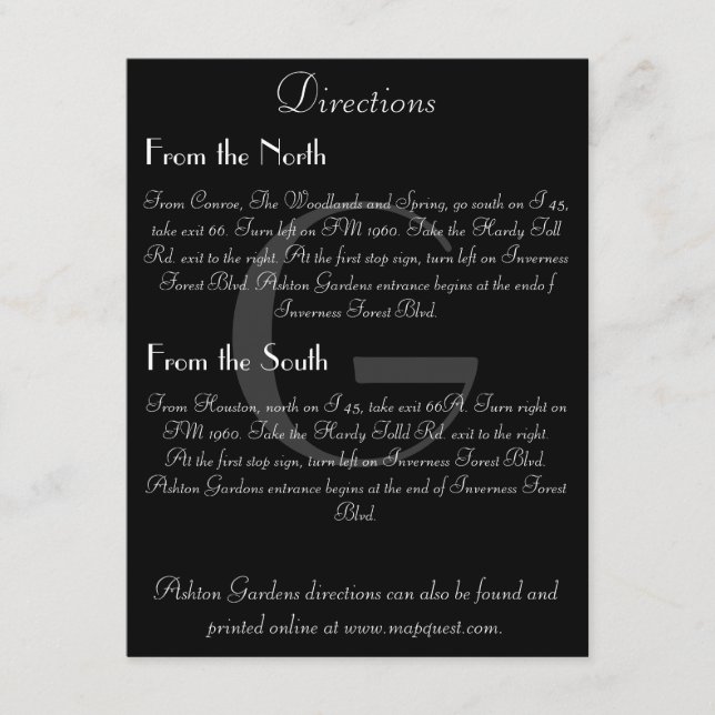 Vintage Black & White Monogram Direction Card (Front)
