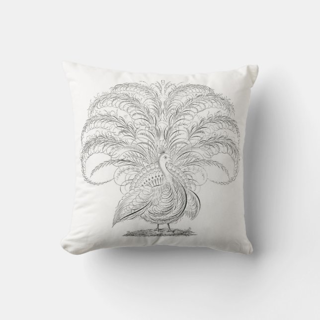 Vintage black white peacock drawing cushion (Front)