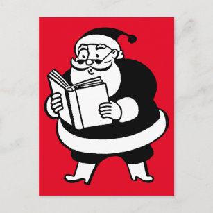Vintage Black & White Reading Santa On Red Holiday Postcard