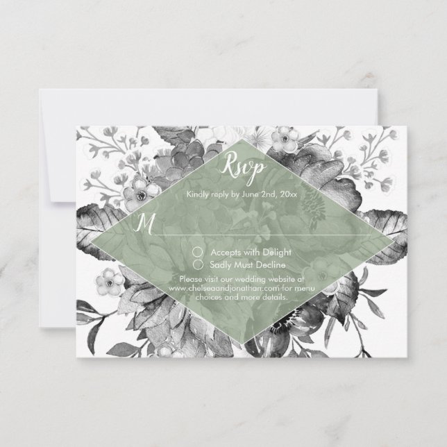 Vintage Black White Sage Green RSVP (Front)