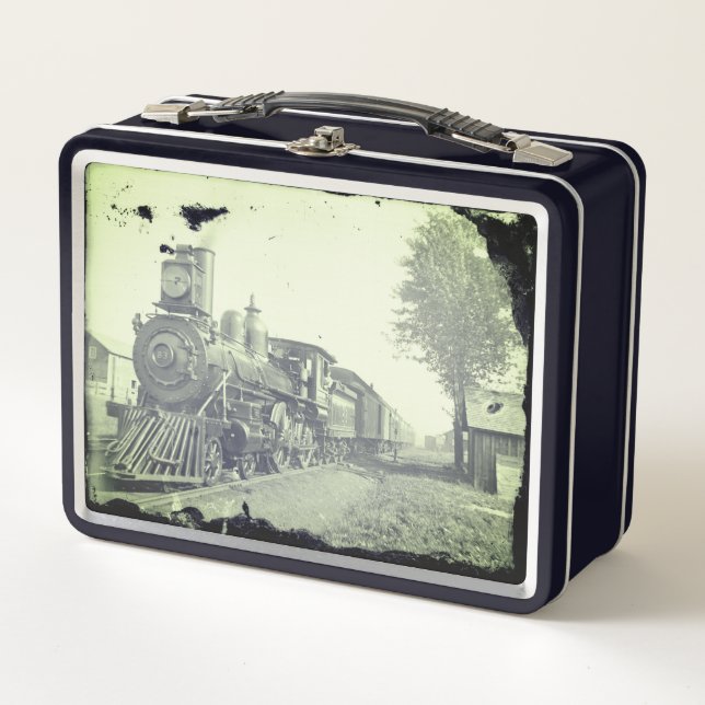 Vintage Black & White Steam Train Metal Lunch Box (Front)
