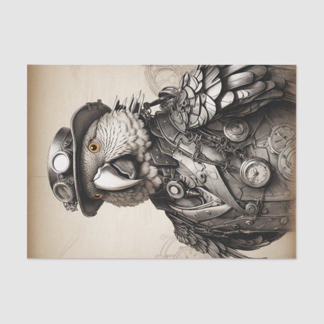 Vintage Black & White Steampunk Parrot Tissue Paper (Front)