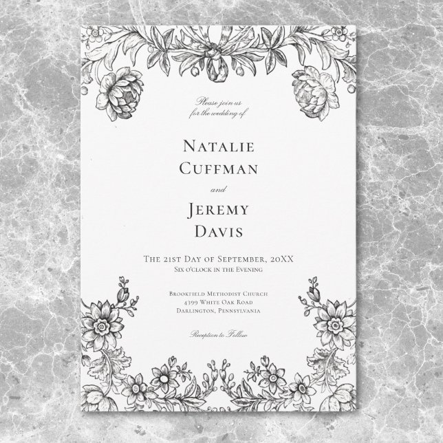 Vintage Black & White Tapestry Floral Wedding Invitation (Vintage Black & White Tapestry Floral Wedding Invitation)