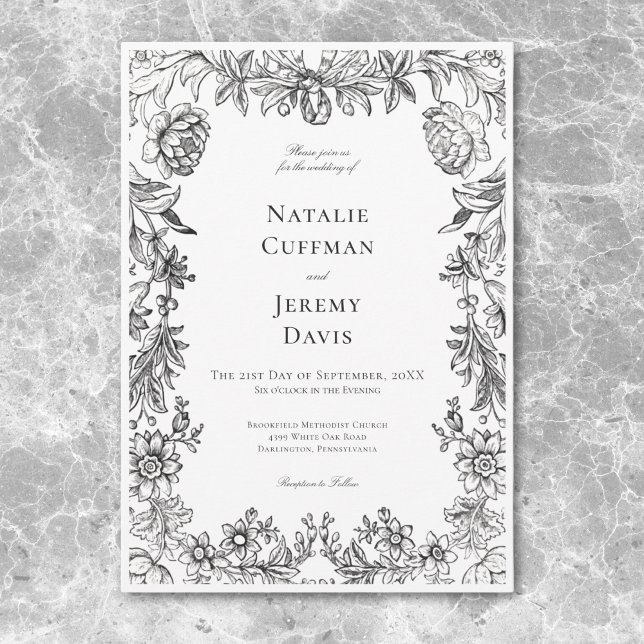 Vintage Black & White Tapestry Floral Wedding Invitation (Vintage Black & White Tapestry Floral Wedding Invitation)
