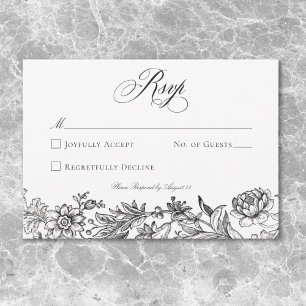 Vintage Black & White Tapestry Floral Wedding RSVP Card