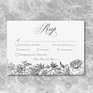 Vintage Black & White Tapestry Floral Wedding RSVP Card