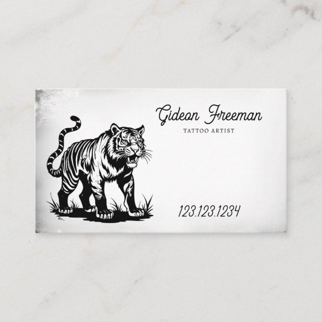 Vintage Black & White Tiger Tattoo Artist Business Card (Front)