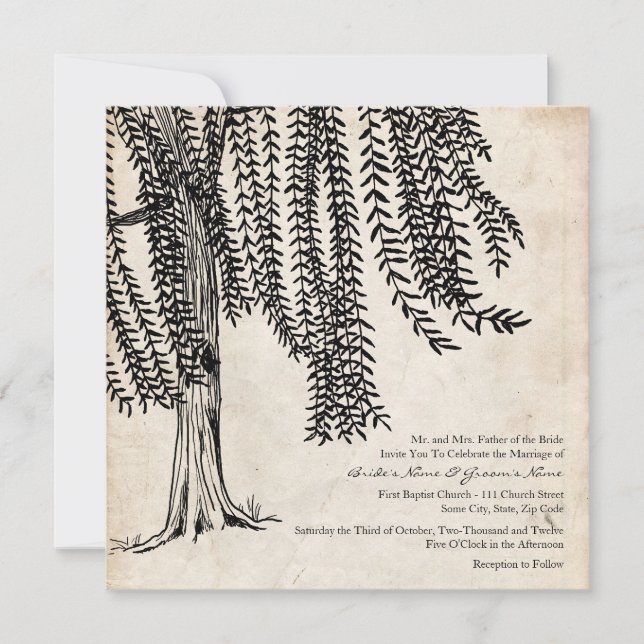 Vintage Black Willow Tree Wedding Invitation (Front)