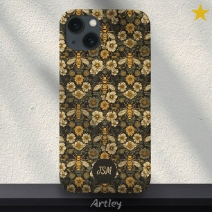 Vintage Black Yellow Floral Pattern Bees Initials  iPhone 13 Case