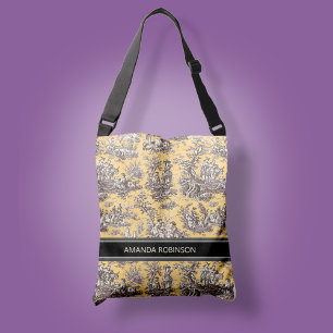 Vintage black yellow toile de jouy printed crossbody bag