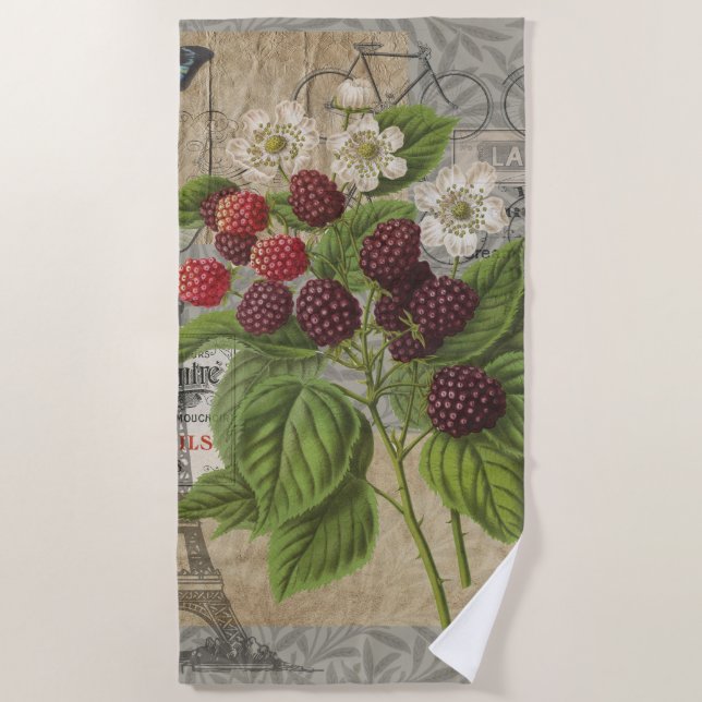 Vintage Blackberries & French Ephemera Art Collage Beach Towel (Front)