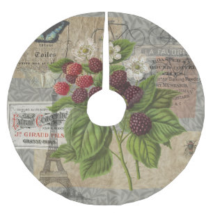 Vintage Blackberries & French Ephemera Art Collage Brushed Polyester Tree Skirt