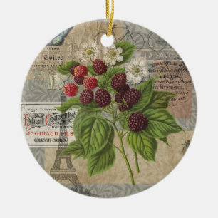 Vintage Blackberries & French Ephemera Art Collage Ceramic Tree Decoration