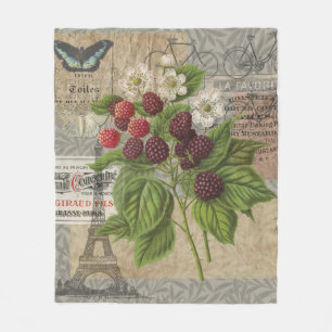 Vintage Blackberries & French Ephemera Art Collage Fleece Blanket