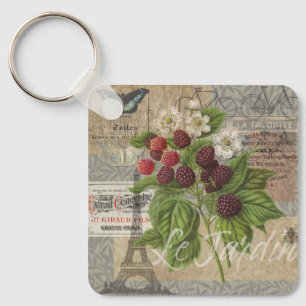 Vintage Blackberries & French Ephemera Art Collage Key Ring