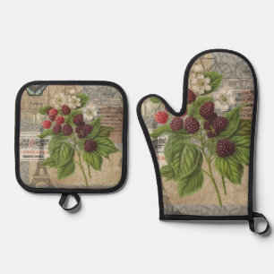 Vintage Blackberries & French Ephemera Art Collage Oven Mitt & Pot Holder Set