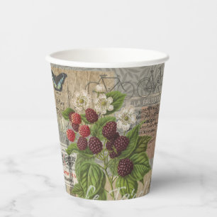 Vintage Blackberries & French Ephemera Art Collage Paper Cups