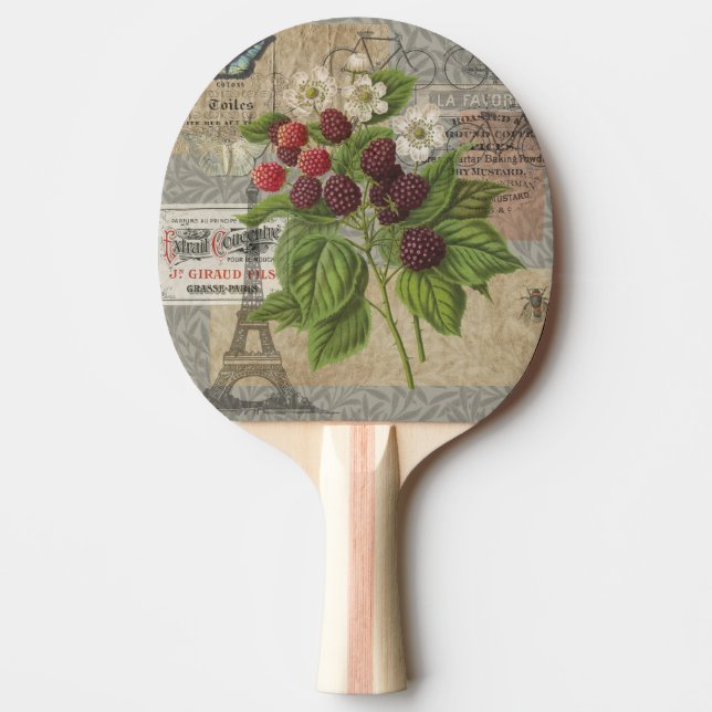Vintage Blackberries & French Ephemera Art Collage Ping Pong Paddle (Front)