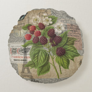 Vintage Blackberries & French Ephemera Art Collage Round Cushion