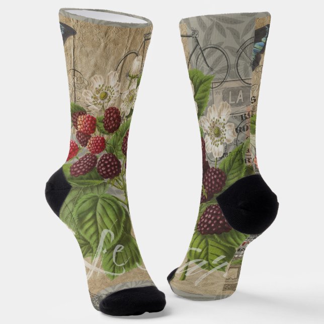 Vintage Blackberries & French Ephemera Art Collage Socks (Angled)