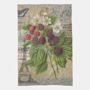 Vintage Blackberries & French Ephemera Art Collage Tea Towel