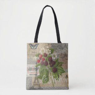 Vintage Blackberries & French Ephemera Art Collage Tote Bag