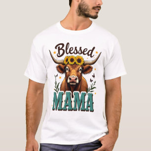 Vintage Blessed Mama Highland Cow Sunflower Wester T-Shirt
