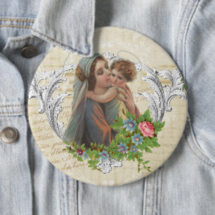 Vintage Blessed Virgin Mary Jesus Roses 6 Cm Round Badge