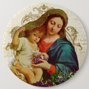 Vintage Blessed Virgin Mary with Jesus Grapes 6 Cm Round Badge