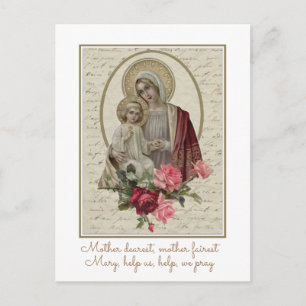 Vintage Blessed Virgin Mary with Jesus Red Roses Postcard