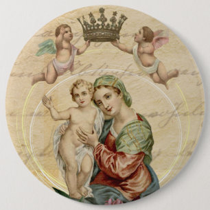 Vintage Blessed Virgin Mother Mary Jesus Angels 6 Cm Round Badge