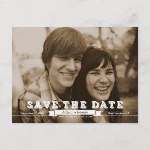 Vintage Block Letters Sepia Photo Save the Date Announcement Postcard