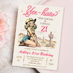 Vintage Blond Yee-haw Cowgirl 21st Birthday Invitation<br><div class="desc">Vintage Blond Yee-haw Cowgirl 21st Birthday Invitation

Fun cowgirl themed 21st birthday invitation for an adult featuring an old retro style blond cowgirl image,  desert landscape and rope like text in a hot pink.  The age is fully editable so this template could be used for various ages.</div>