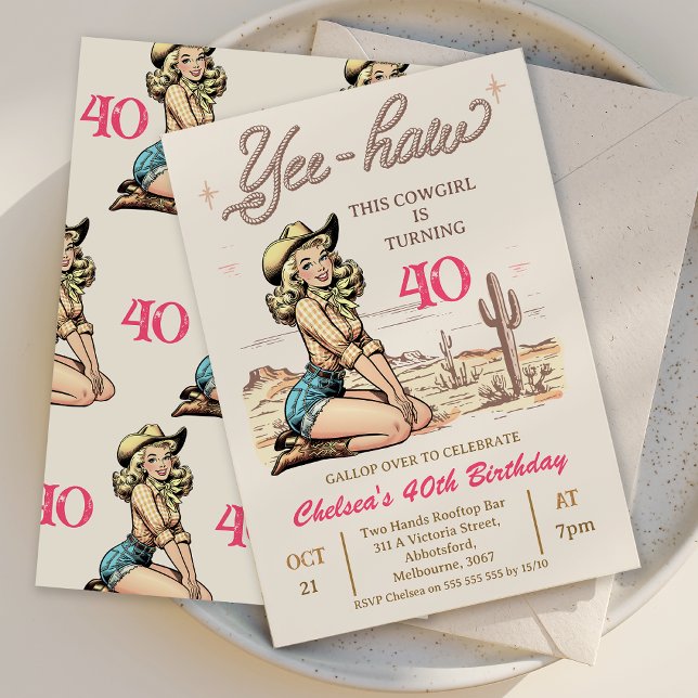Vintage Blond Yee-haw Cowgirl Birthday Invitation (Vintage Blonde Cowgirl Birthday Invitation Template, Women's Western Birthday Invitation Template)