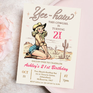 Vintage Blonde Yee-haw Cowgirl 21st Birthday Invitation