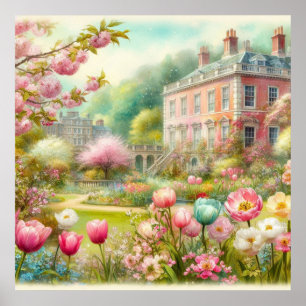 Vintage blooming floral garden mansion watercolor poster