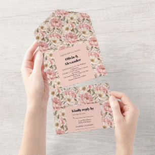 Vintage Blooming Peonies Pattern All In One Invitation