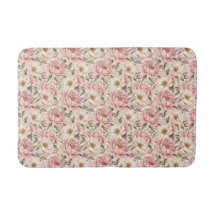 Vintage Blooming Peonies Pattern Bath Mat
